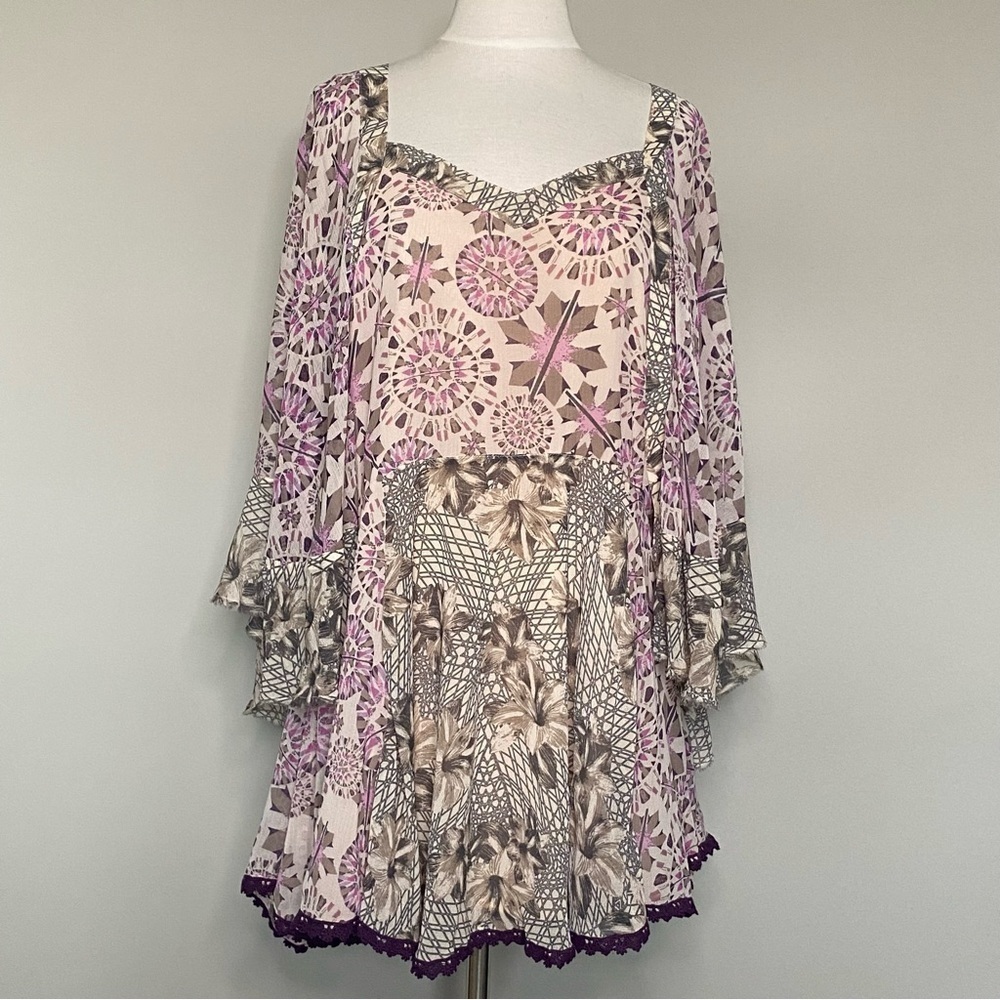 Free People Floral Geometric Printed Flutter Wing Sleeve Tunic Mini Dress, Small